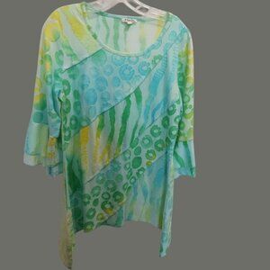 Paris Colorful Layered Tunic Top With 3/4 Sleeves & Abstract Design Size Small